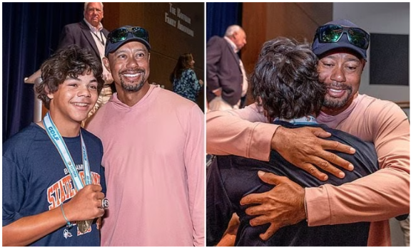 Tiger Woods celebrates with his son Charlie as 15-year-old receives high school state championship ring