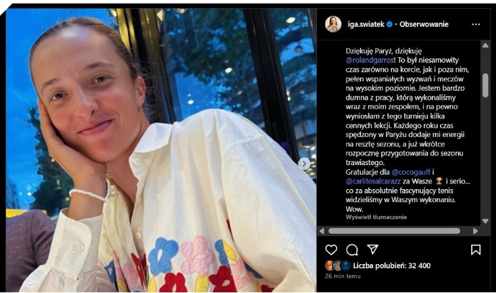 Cała Iga Świątek! Tak zareagowała na triumf Gauff w Roland Garros